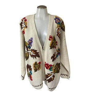 Vintage SK Wear Floral Knit‎ Cardigan Sweater 2X Beige With Zipper 55% Ramie 45%